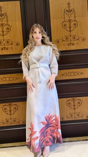 Light sky blue linen dress with tropical leaf print