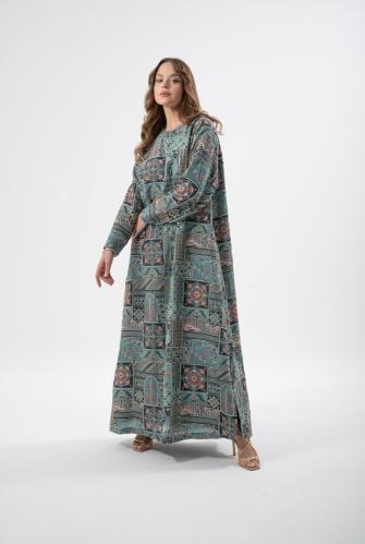Blue silk dress with cane embroidery