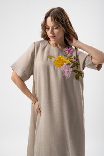 Linen beige dress with hand embroidery flowers