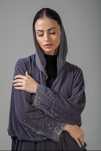 Gray velvet abaya with crystal sleeves