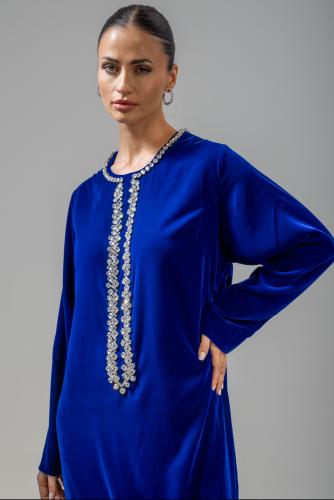 Navy blue velvet dress with crystal on the front