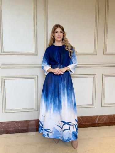 Blue dress with border and belt