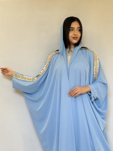 Sky-colored silk crepe abaya with stones embroidered on the shoulder