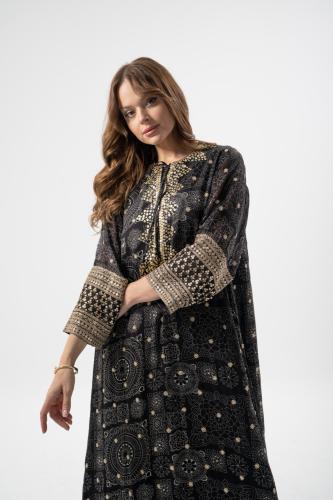 Georgette abaya black embroidery cane