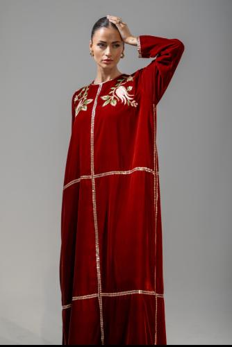 Velvet dress, terracotta color, with embroidery and a hand-made flower