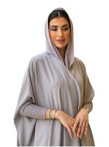 Elegant gray abaya with stretch sleeves decorated...