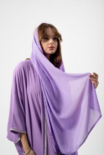 Purple crepe abaya with silver hand embroidery