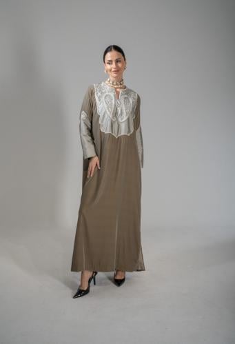 Light olive velvet dress with silver accents