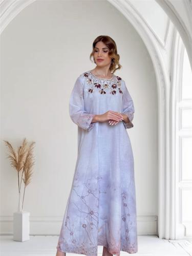 Purple linen dress with hand embroidery