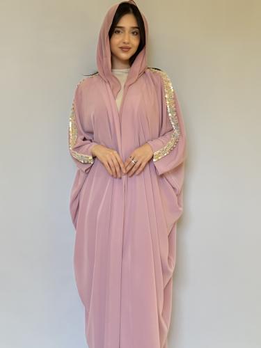 Silk crepe abaya in pink color with stone work on the shoulder