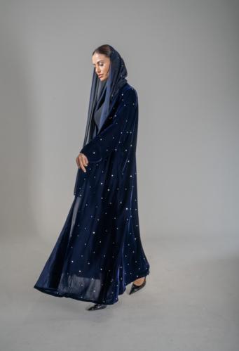 Blue velvet abaya with crystal embellishment