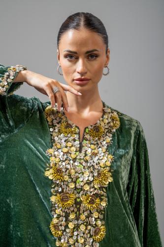 Green velvet caftan embroidered with stones from Bella's selections