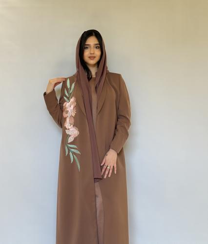 Brown blazer abaya with pink floral embroidery