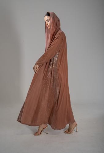 Velvet abaya, nude color, with crystals