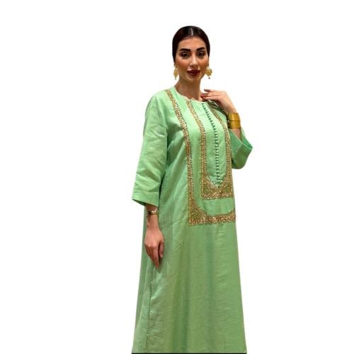Linen thobe, handmade, with golden cane