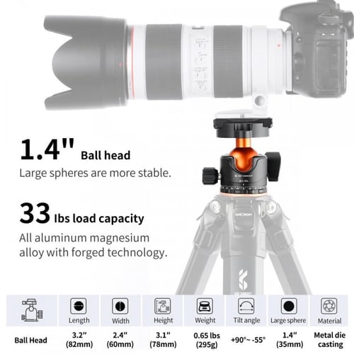 K&F Concept Professional 35mm Metal Tripod Ball He...