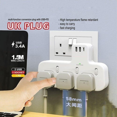قسام كهرباء بـ 3 منافذ ثلاثية ومنفذين USB ومنفذ PD...