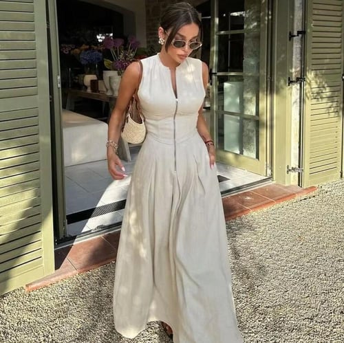 فستان صيفي طويل بسحاب ورقبة دائرية بدون أكمام