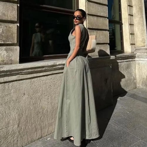 فستان صيفي طويل بسحاب ورقبة دائرية بدون أكمام