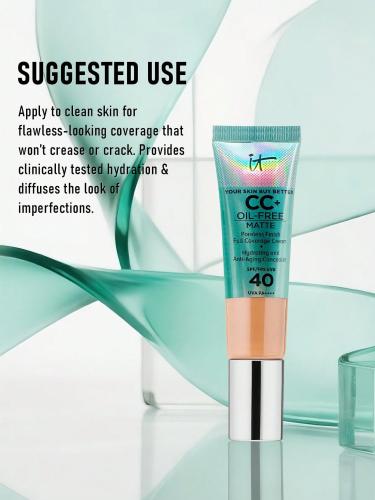 كريم CC+ من IT Cosmetics Your Skin But Better، خالي من الزيوت، بلمسة نهائية مطفية، لون متوسط مائل للسمرة، 32 مل/1.08 أونصة | تغطية...
