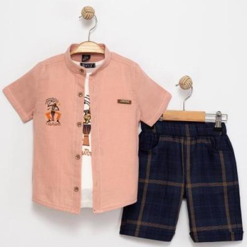 طقم ولادي من 3 قطع بشورت كحلي مخطط صناعة تركيه