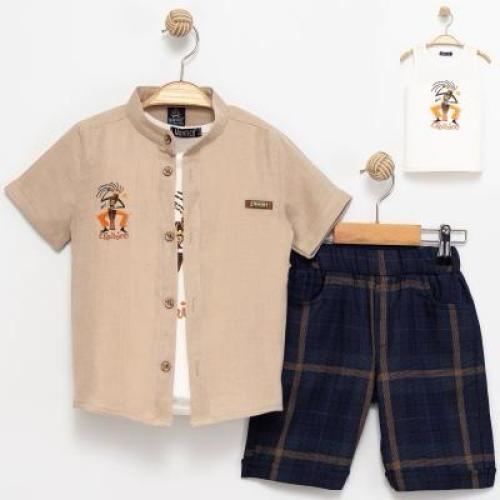 طقم ولادي من 3 قطع بشورت كحلي مخطط صناعة تركيه