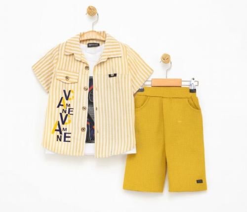 طقم ولادي من 3 قطع بشورت اصفر صناعة تركيه