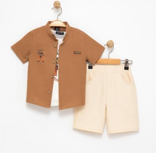 طقم ولادي من 3 قطع بشورت لون بيج 8 سنوات صناعة ترك...