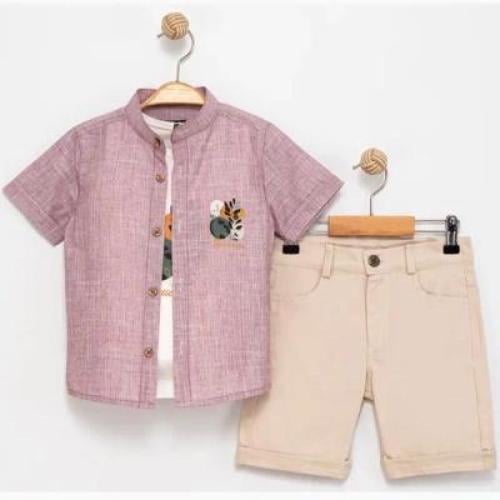 طقم ولادي من 3 قطع بشورت لون بيج صناعة تركيه