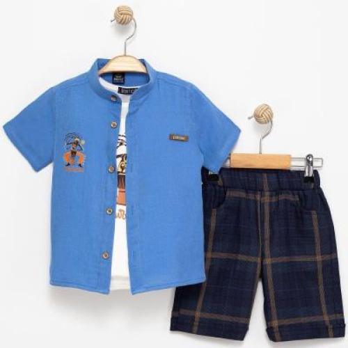 طقم ولادي من 3 قطع بشورت كحلي مخطط صناعة تركيه