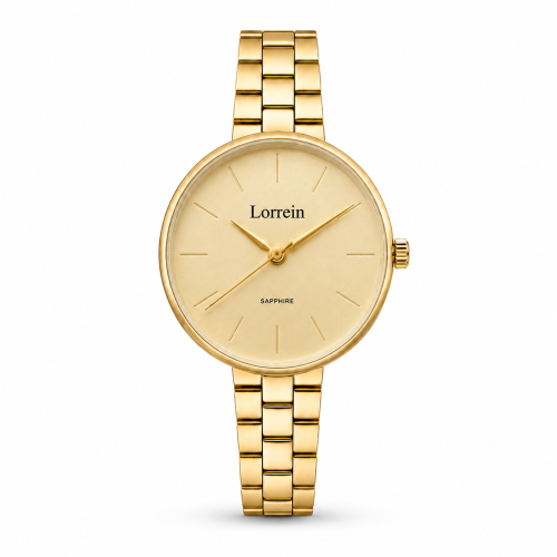 ساعة نسائية ماركة لورين بميناء ذهبي وسنجل ذهبي