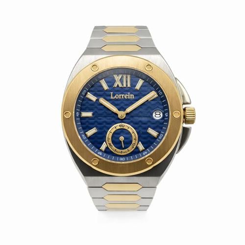 ساعة رجالية ماركة لورين بميناء أزرق وسنجل ذهبي وفض...