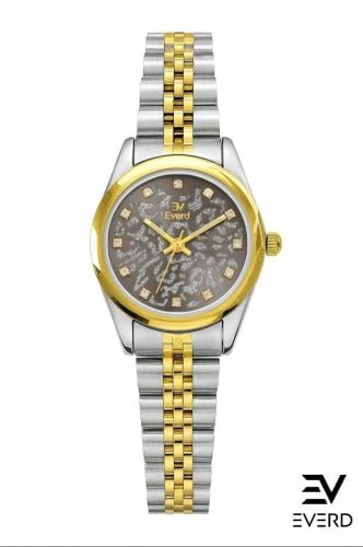 ساعه نسائية ماركة ايفرد ذهبي وفضي ميناء رمادي