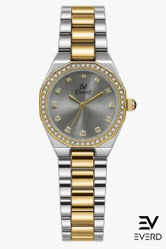 ساعه نسائية ماركة ايفرد ذهبي وفضي ميناء رمادي