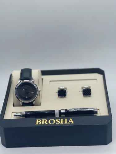 طقم رجالي ماركة بروشا ساعه جلد اسود ميناء اسود كبك...