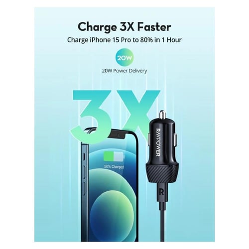 راف باور - شاحن سيارة بقوة 20 واط شحن سريع بمنفذ ت...