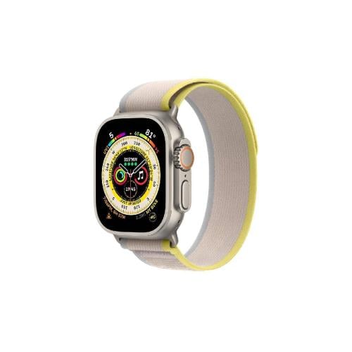 iBAND - سوار ساعة أبل قماشي تريل لوب قابل للتعديل لمقاسات 45 / 46 / 49 ملم - رمادي/اصفر