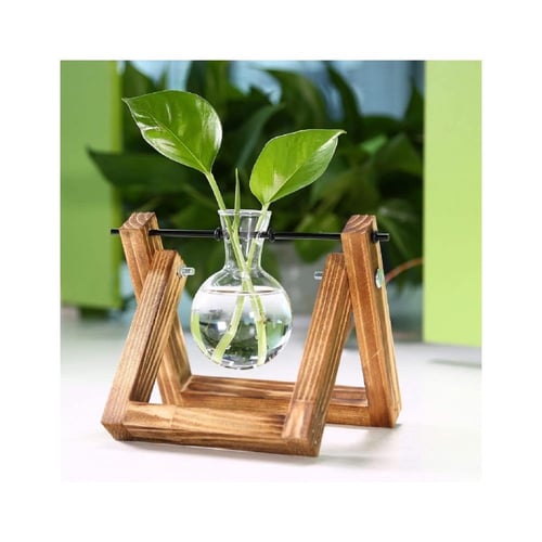 ديكور - وعاء زجاجي لسطح المكتب مع حامل خشبي