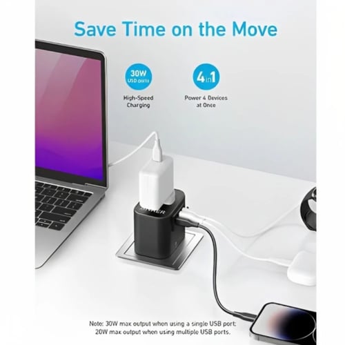 انكر - فيش السفر بقوة 30 واط متعدد المداخل - اسود