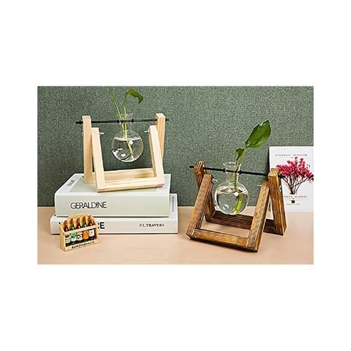 ديكور - وعاء زجاجي لسطح المكتب مع حامل خشبي
