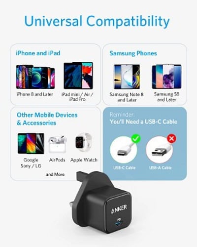 انكر - شاحن جداري باور بورت بقوة 20 واط بمنفذ تايب...