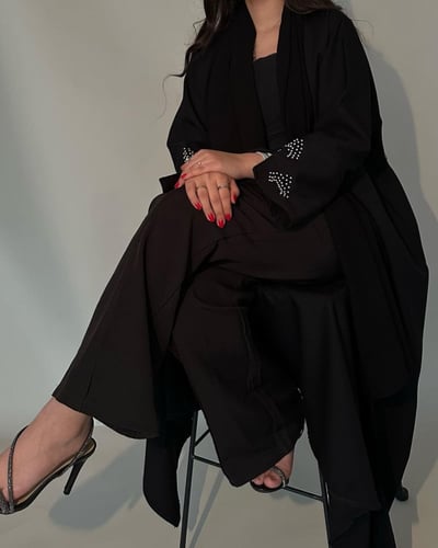 عباية قصة عادية اسود مع لولو القماش كتان