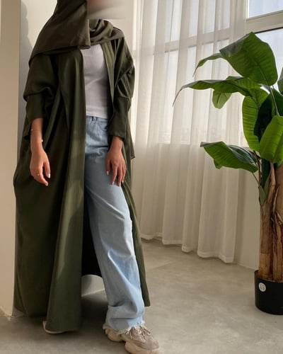 عباية لنن أمريكي زيتي غامق , نص بشت