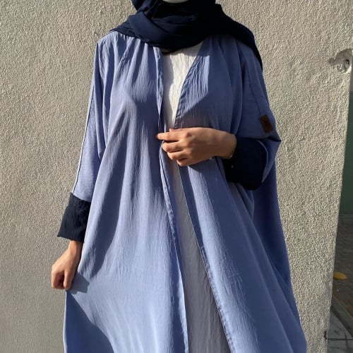 عباية لنن امريكي ازرق مع كم كحلي ، نص بشت.