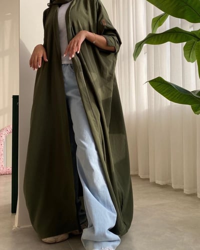 عباية لنن أمريكي زيتي غامق , نص بشت