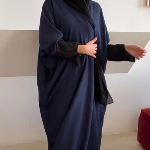 عباية لنن امريكي كحلي مع كم اسود ، نص بشت