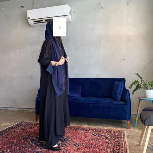 عباية لنن امريكي اسود ، الكم مبطن كحلي ، قصة كلوش.