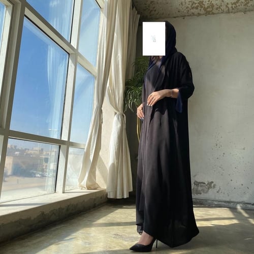 عباية لنن امريكي اسود ، الكم مبطن كحلي ، قصة كلوش.