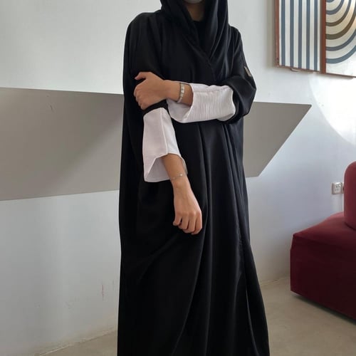 عباية لنن امريكي اسود مع كم ابيض ، نص بشت