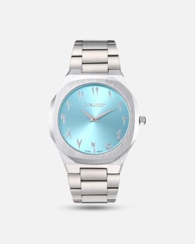 ساعة رجالية بلون فضي سماوي مزينة بارقام عربية بلون...